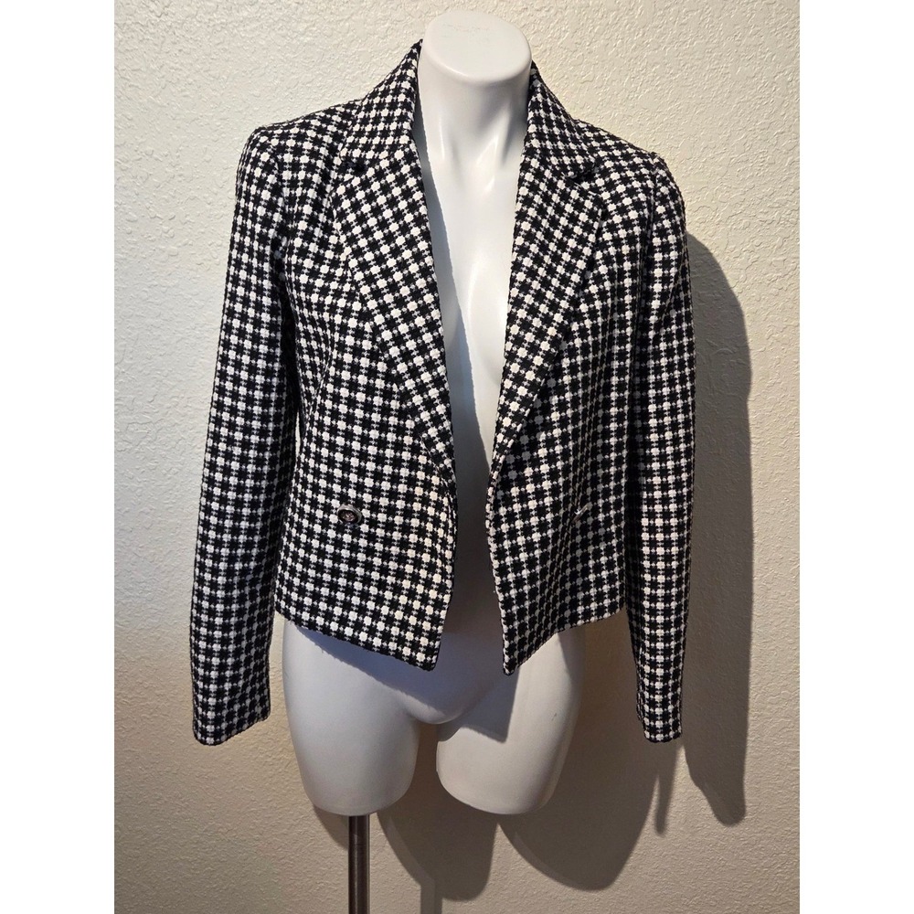 Rachel Zoe Womens XS Cropped Blazer‎ Jacket Black White Textured Checkered Tweed